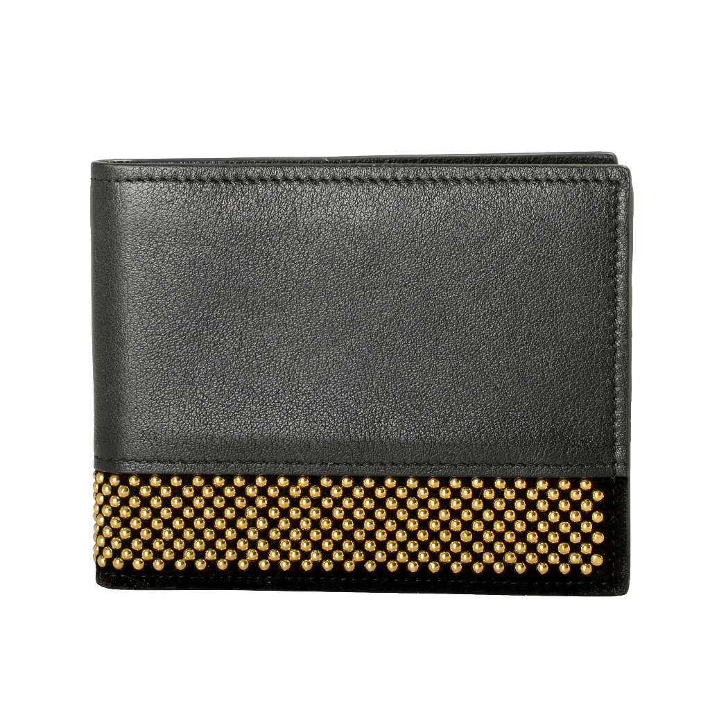 Giuseppe Zanotti Men's Leather Black Gold Metal Beads Embellished Bifold Wallet